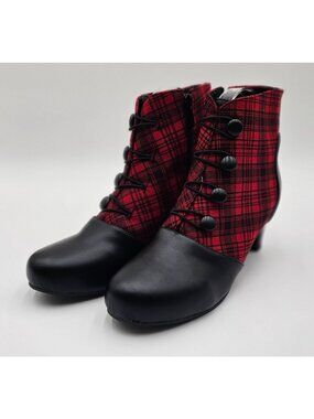 New Vintage-Inspired Red Plaid Ankle Boots Sz 9 Faux Leather Retro Steampunk